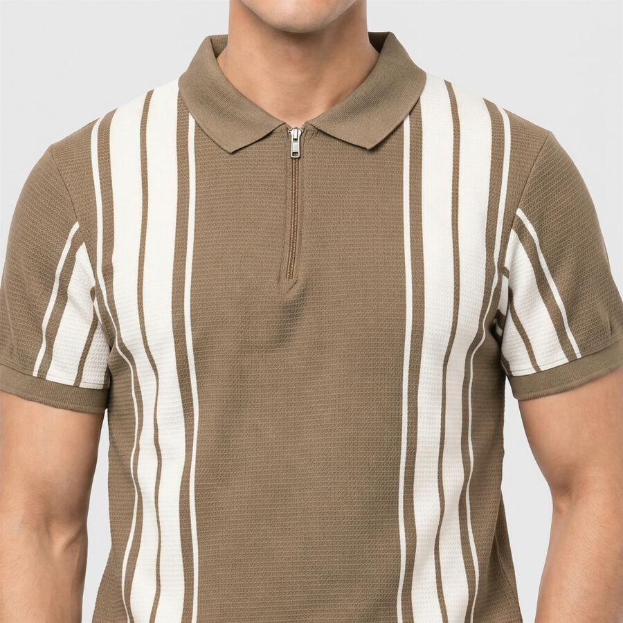Men's Beige Polo Neck Striped T-Shirt, Beige, large