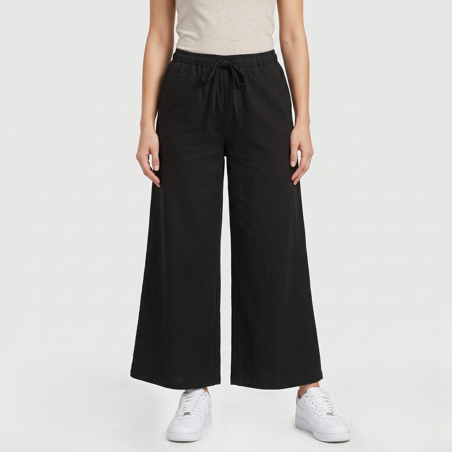 Women's Black Wide Leg Drawstring Track Pants, Black, large