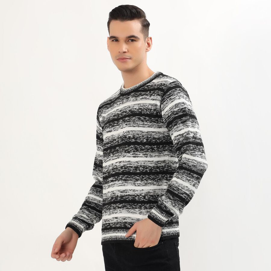 Men's Black and White Crew Neck Casual Pullover, काला, large image number null