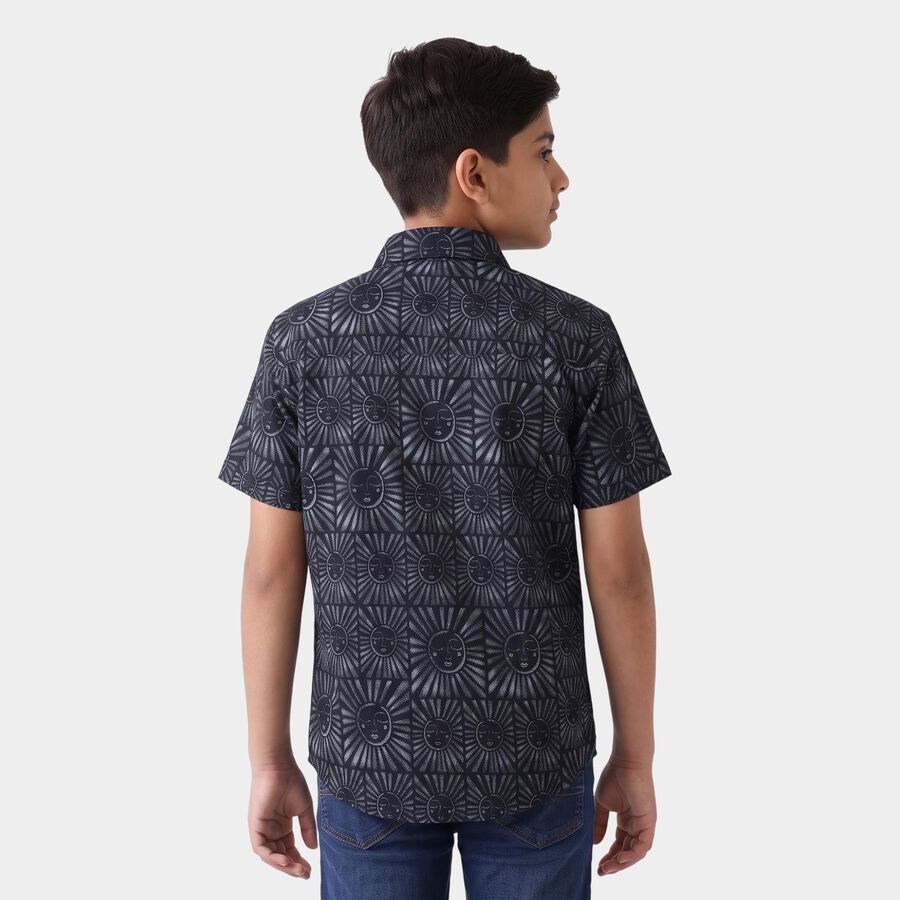 Boys Navy Blue Cotton Short Sleeves Spread Collar Shirt, Navy Blue, large