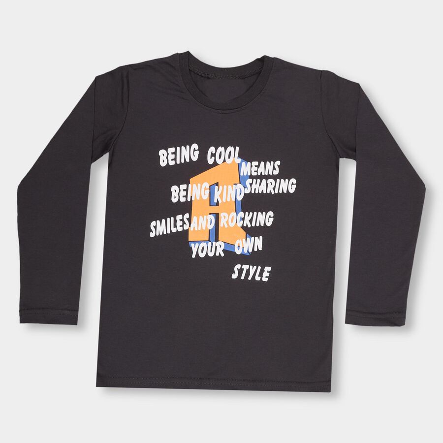 Boys' Dark Grey Round Neck Printed T-Shirt, Dark Grey, large image number null