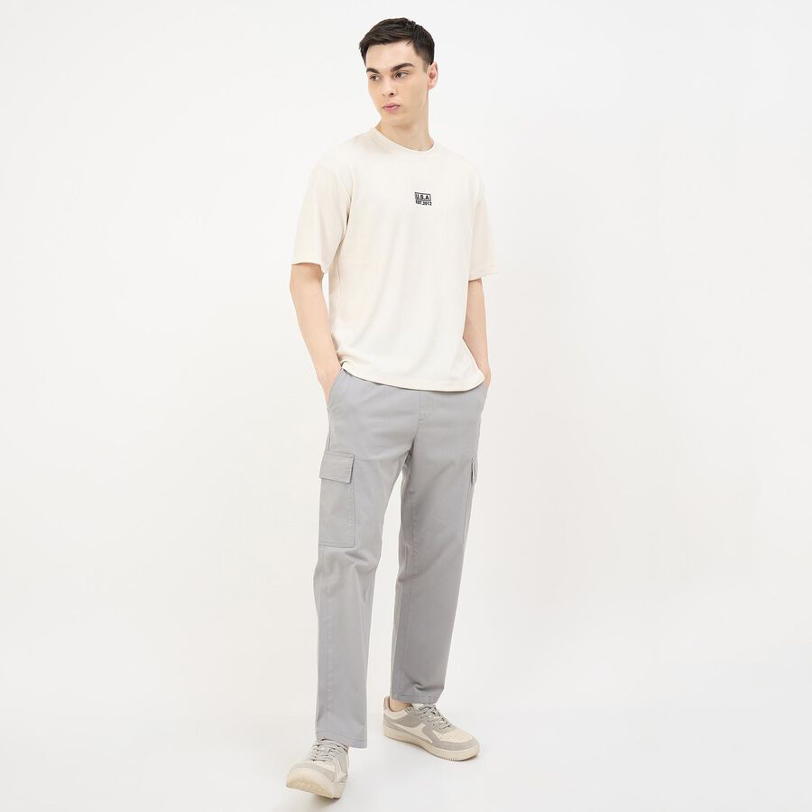 Men's Light Grey Slim Fit Flat-Front Trousers, हल्का ग्रे, large