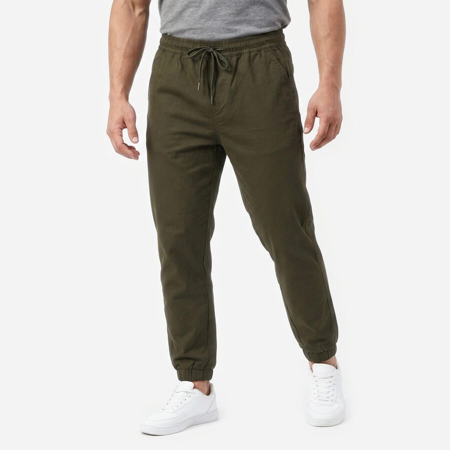 Men's Olive Green Slim Fit Jogger Trousers, ओलिव, large
