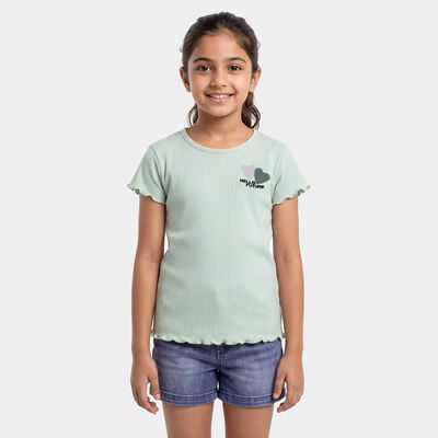 Girls' Green Round Neck Casual T-Shirt