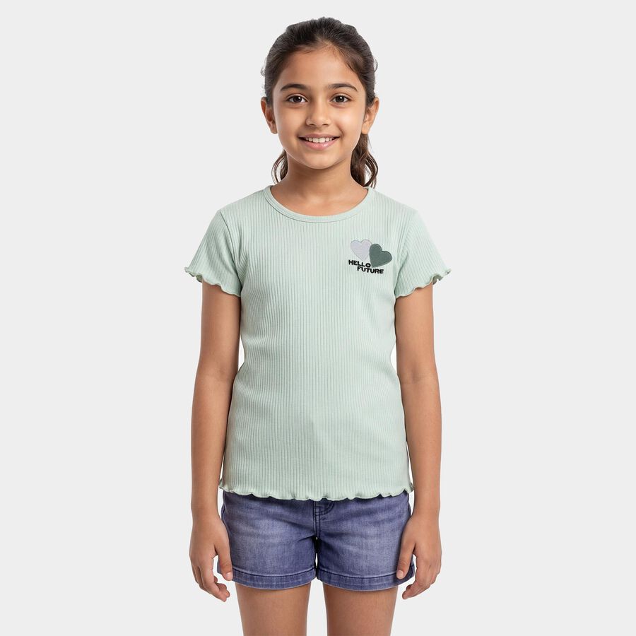 Girls' Green Round Neck Casual T-Shirt, Light Green, large