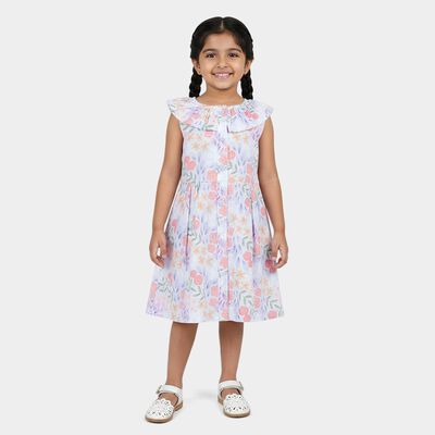 Girls' Pastel Blue Floral Print Sleeveless Cotton Frock