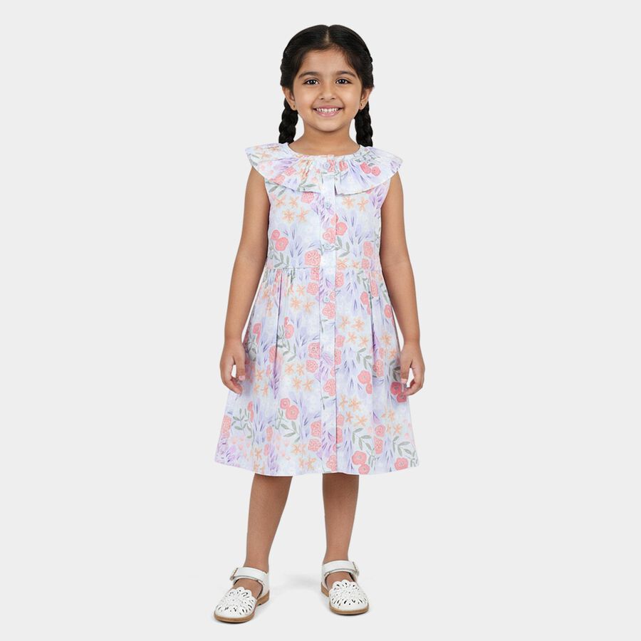 Girls' Pastel Blue Floral Print Sleeveless Cotton Frock, हल्का नीला, large