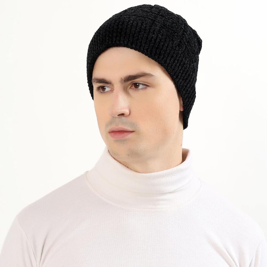 Men's Jet Black Textured Beanie Cap, Black, large image number null