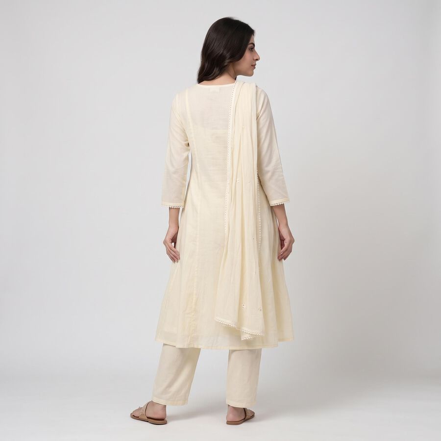 Women's Cream Cotton Embellished Kurta Set Ethnic Set, ऑफ व्हाइट, large