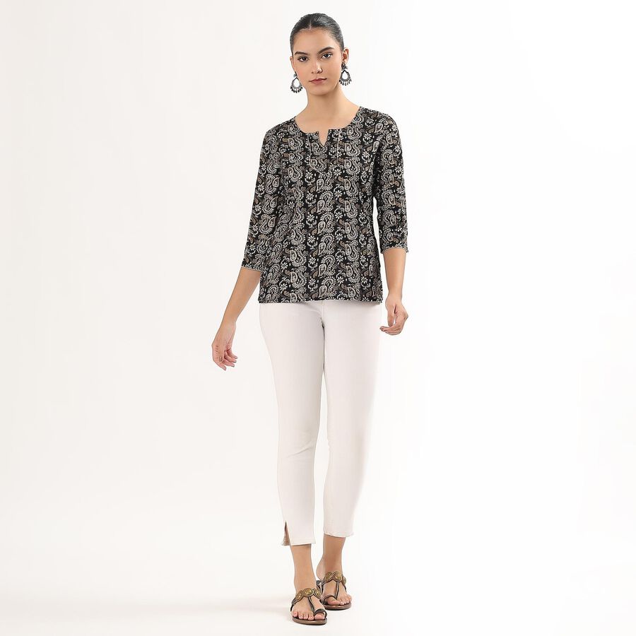 Women's Black Round Neck Printed Kurti, Black, large image number null