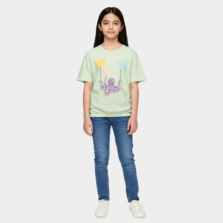 Girls' Mint Green Cotton Round Neck Regular T-Shirt, हल्का हरा, large