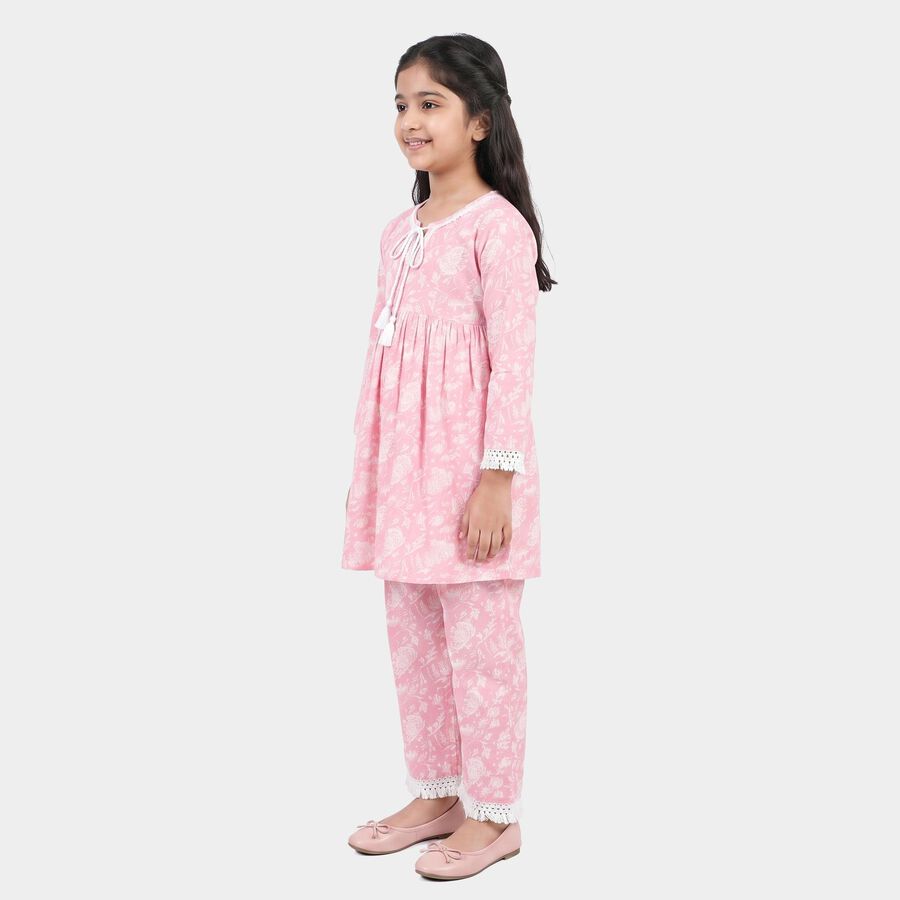 Girls Pink Round Neck Fusion Set Upper and Bottom Set, Light Pink, large