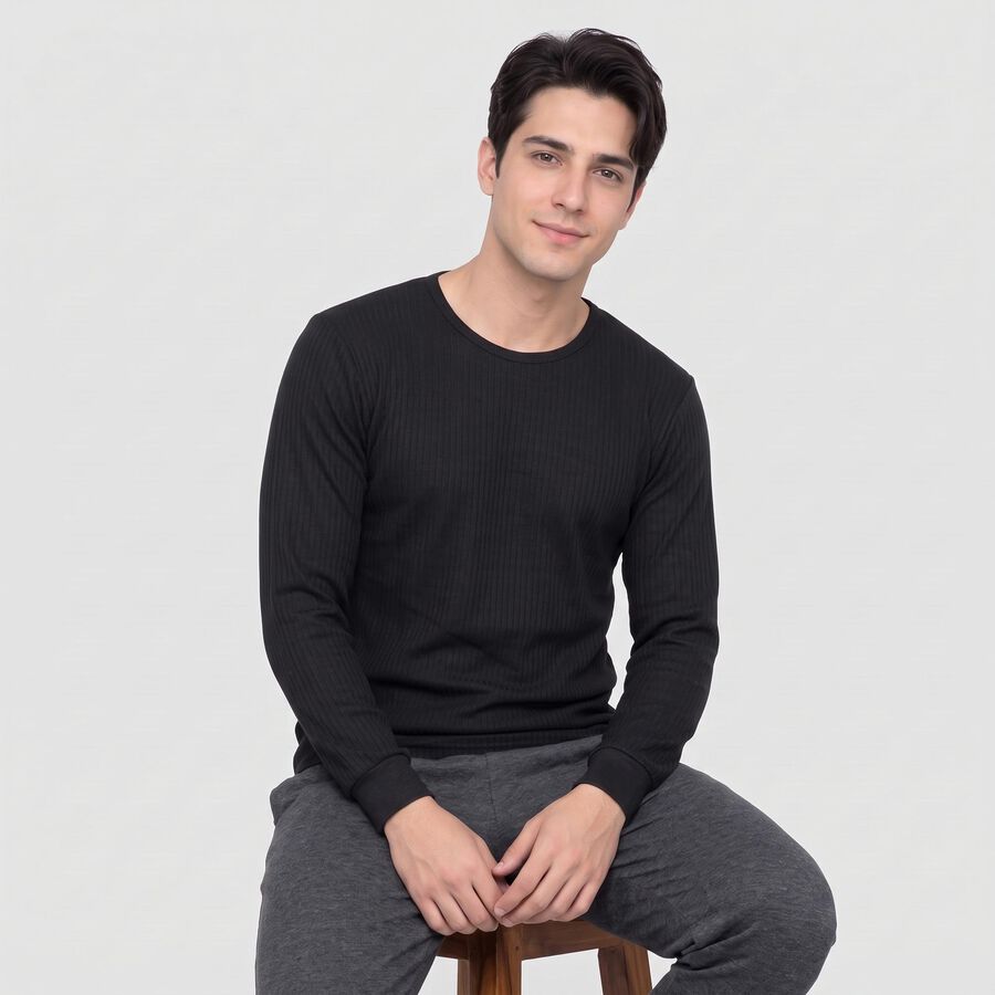 Men's Black Long Sleeve Thermal, काला, large
