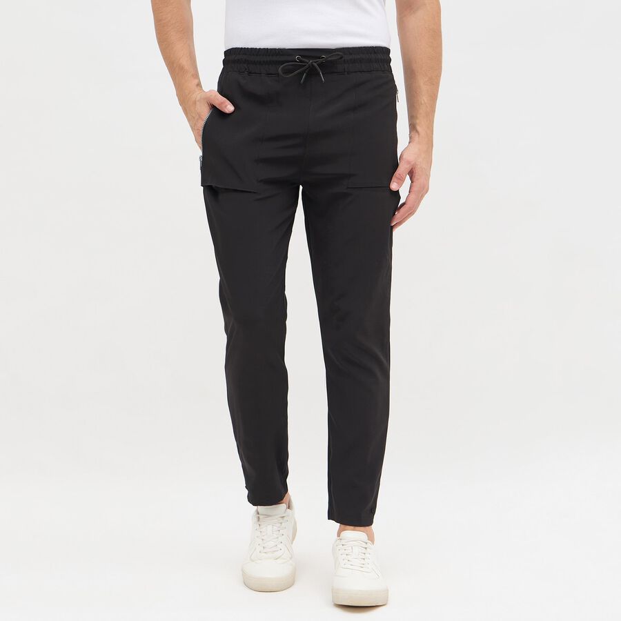 Men's Jet Black Regular Fit Zippered Track Pants, काला, large image number null