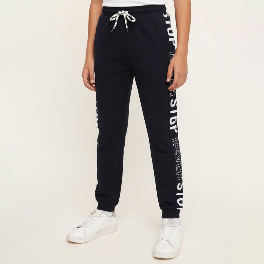 Boys' Deep Navy Blue Cotton Blend Text Print Pyjama, नेवी ब्लू, large image number null