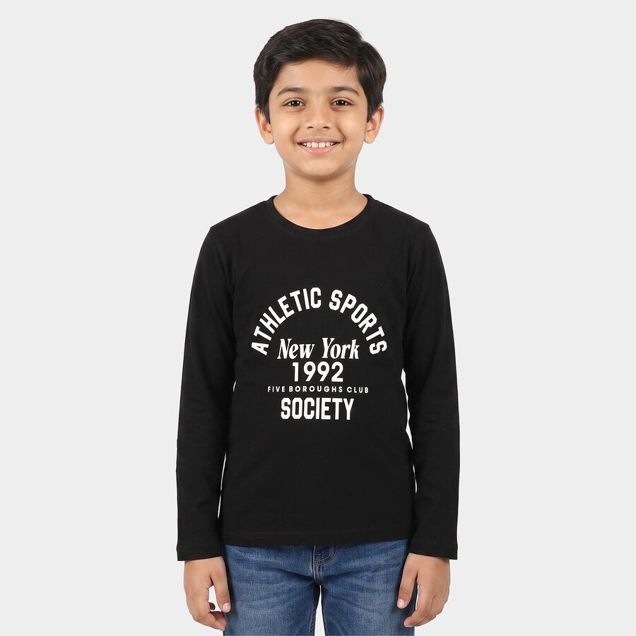 Boys Black Round Neck Regular Boys T-Shirt, काला, large