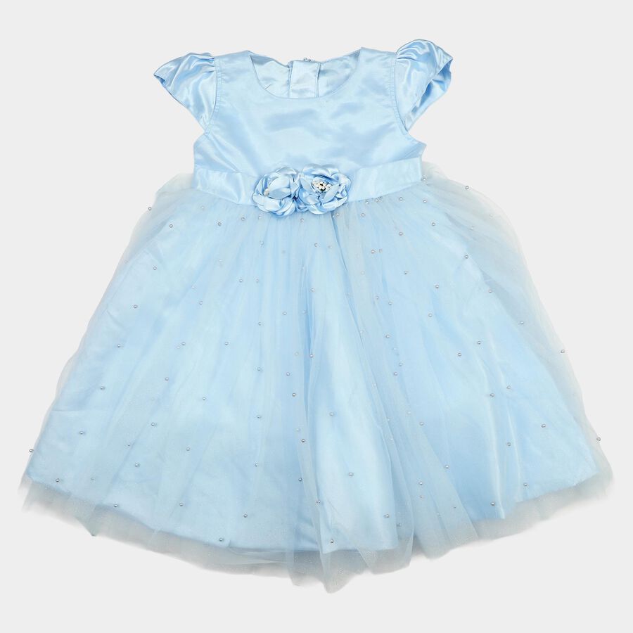 Girls' Light Blue Fit and Flare Rosette Waist Party Wear Frock, हल्का नीला, large