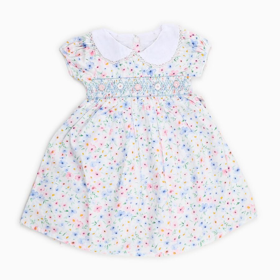 Girls' White Floral Smocked Cotton Frock, Off White, large image number null