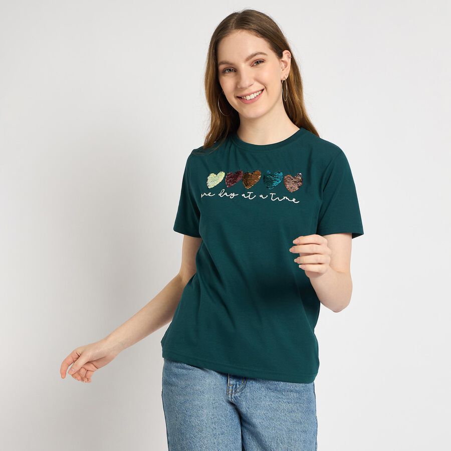 Ladies' Round Neck T-Shirt , गहरा हरा, large