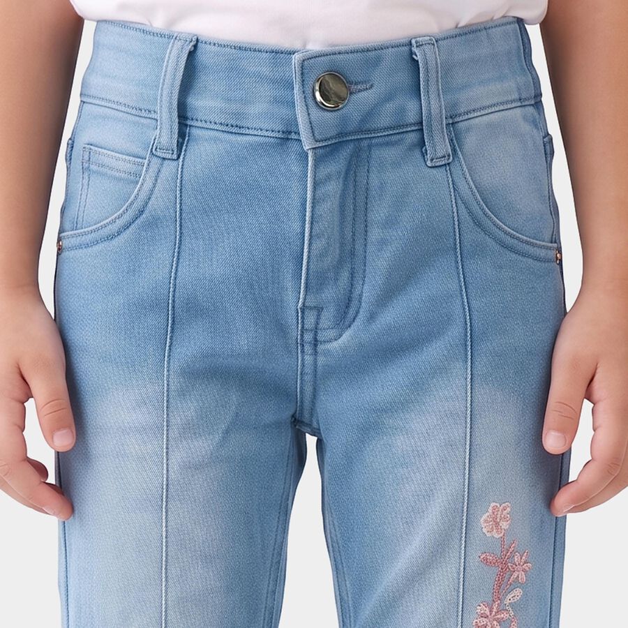 Girls Light Blue Flared Fit Embroidered Jeans, Light Blue, large