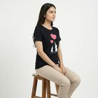 Women's Black Cotton Round Neck Casual T-Shirt, काला, small