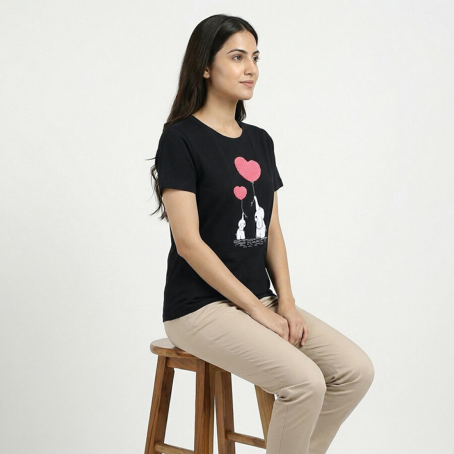 Women's Black Cotton Round Neck Casual T-Shirt, काला, large