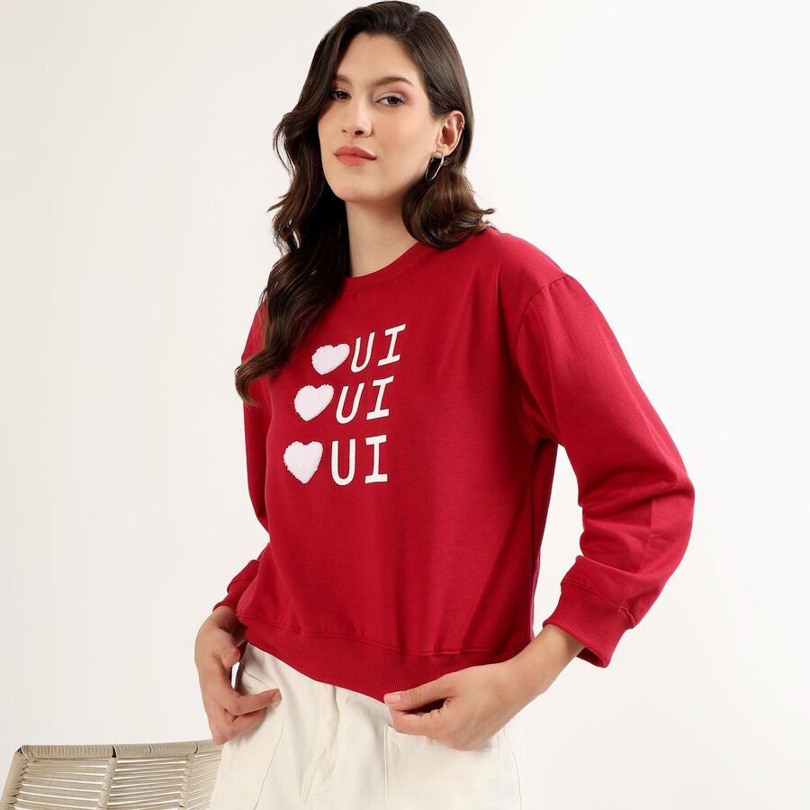 Women's Bright Cherry Red Crew Neck Casual Sweatshirt, लाल, large image number null