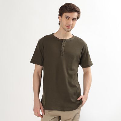 Men's Olive Henley Neck Casual T-Shirt