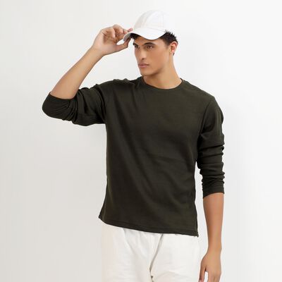 Men's Dark Olive Green Crew Neck Casual Full Sleeve T-Shirt 