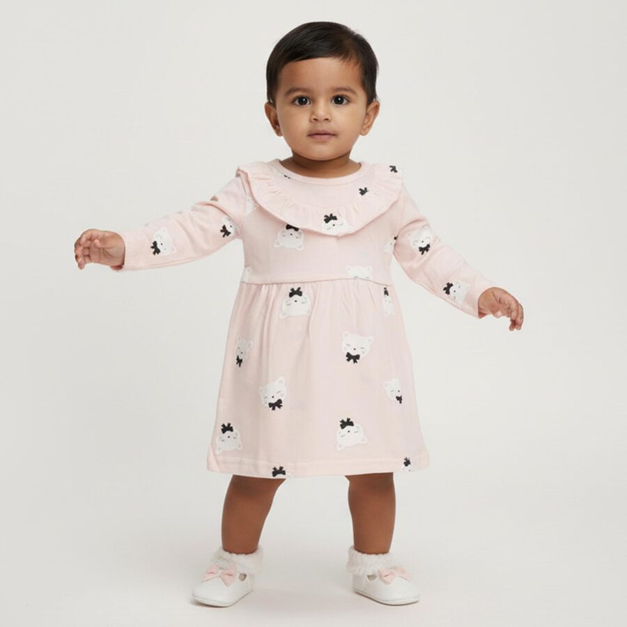 Infants' Soft Pink Cotton Printed Long Sleeve Frock, हल्का गुलाबी, large image number null