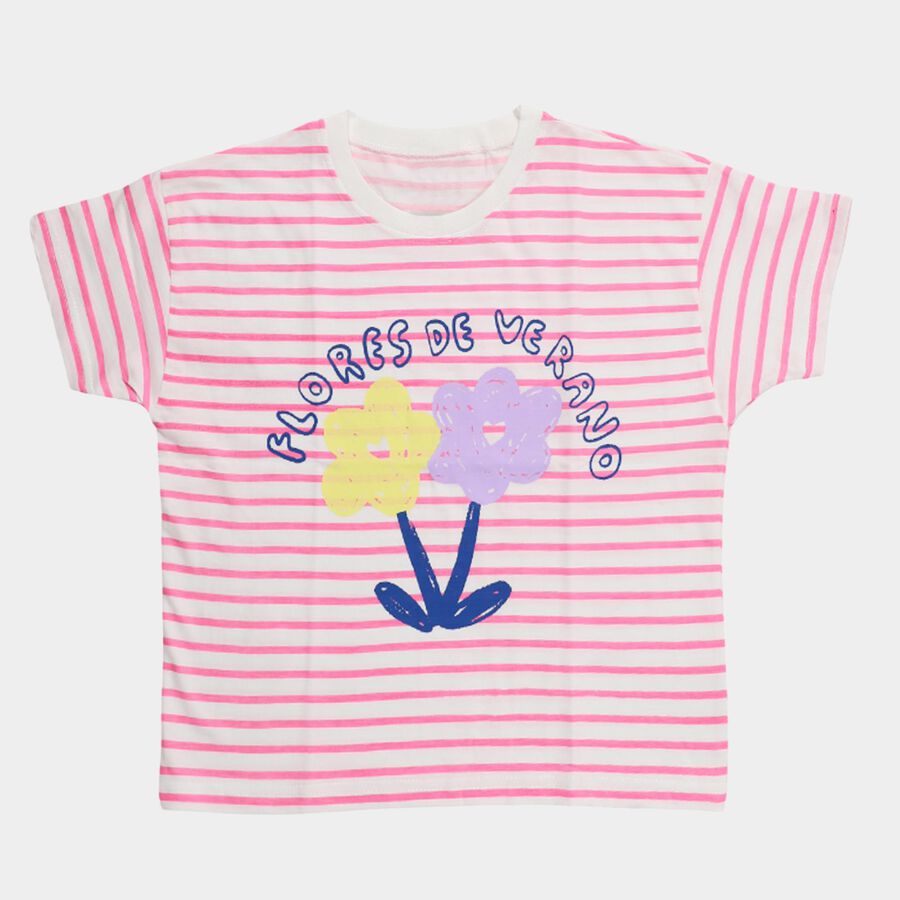 Girls White Cotton Round Neck Casual T-Shirt, White, large