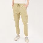 Men's Beige Slim Fit Flat-Front Trousers, Beige, small