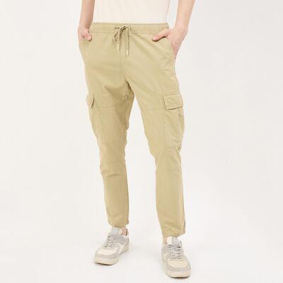 Men's Beige Slim Fit Flat-Front Trousers
