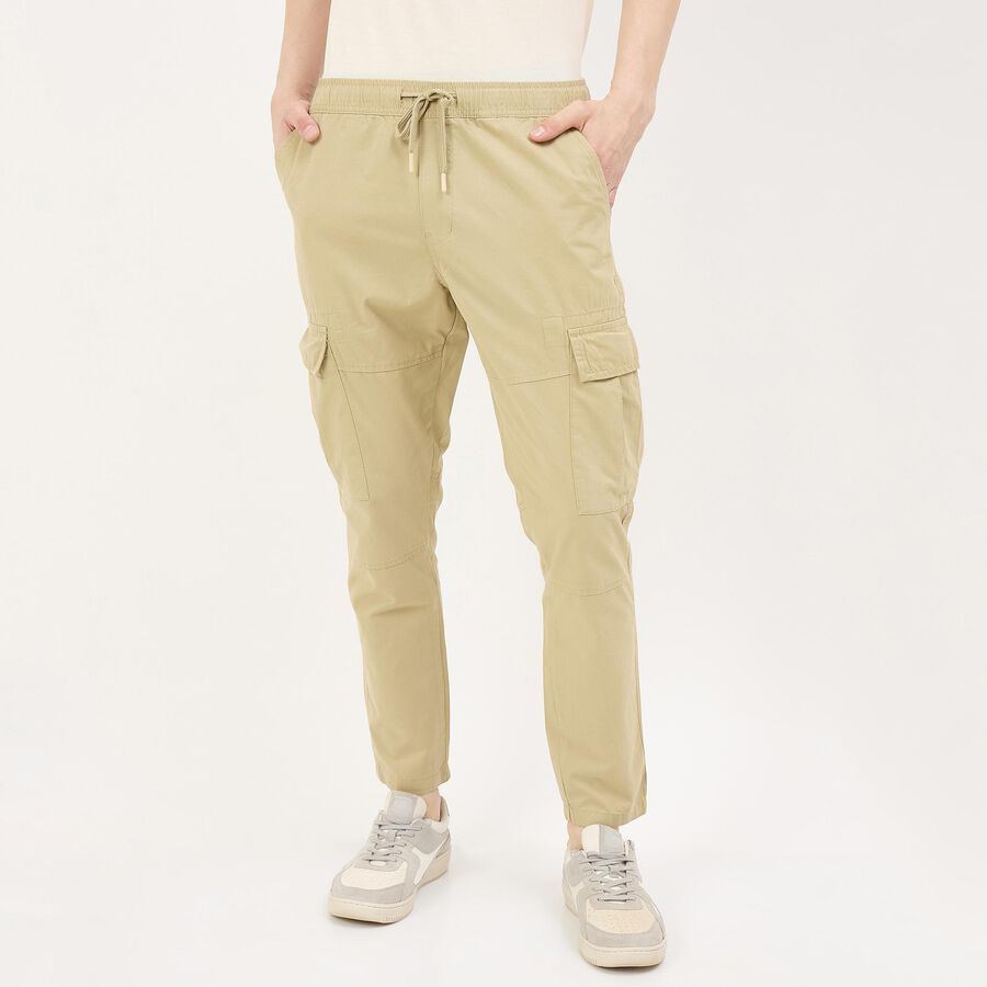 Men's Beige Slim Fit Flat-Front Trousers, Beige, large