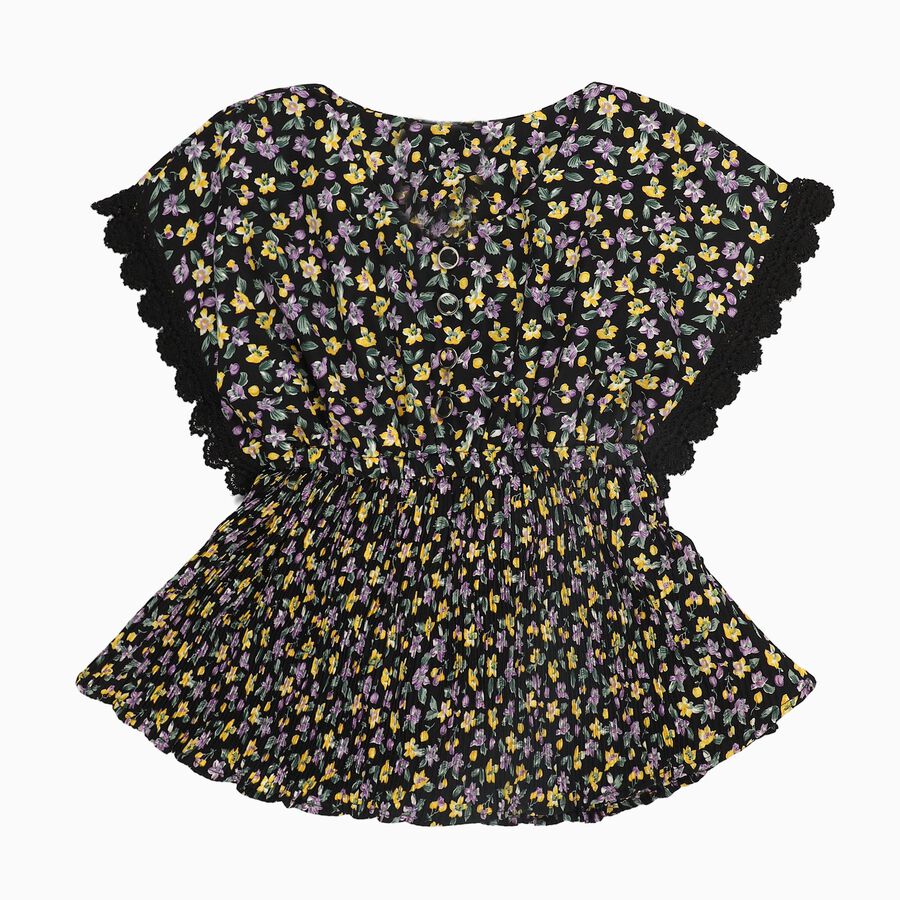 Girls' Jet Black Round Neck Casual Floral Printed T-Shirt, काला, large image number null
