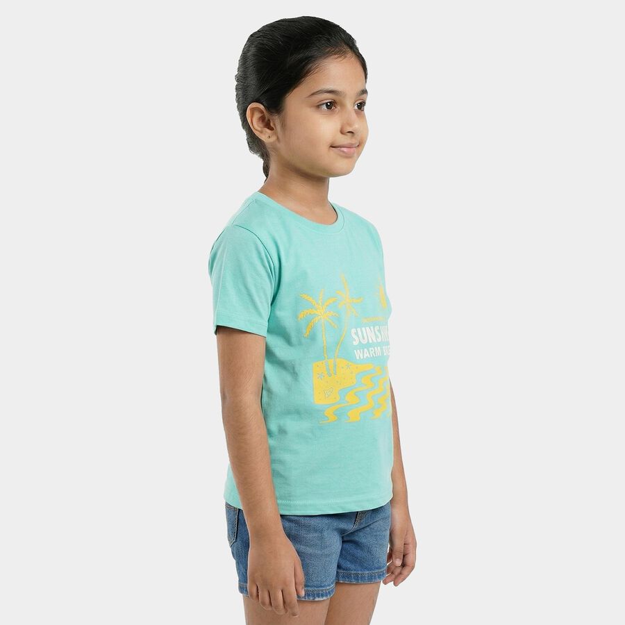 Girls Blue Round Neck Casual T-Shirt, एक्वा, large
