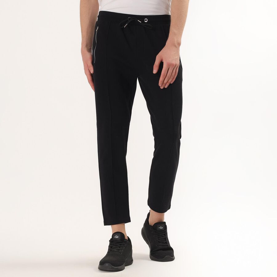 Men's Black Slim Fit Zippered Pockets Track Pants, Black, large