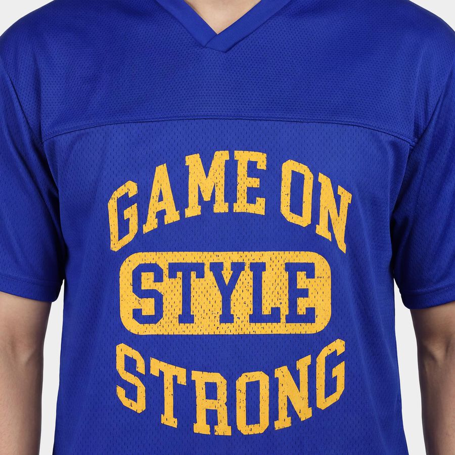 Men's Blue Round Neck Athleisure T-Shirt, Royal Blue, large