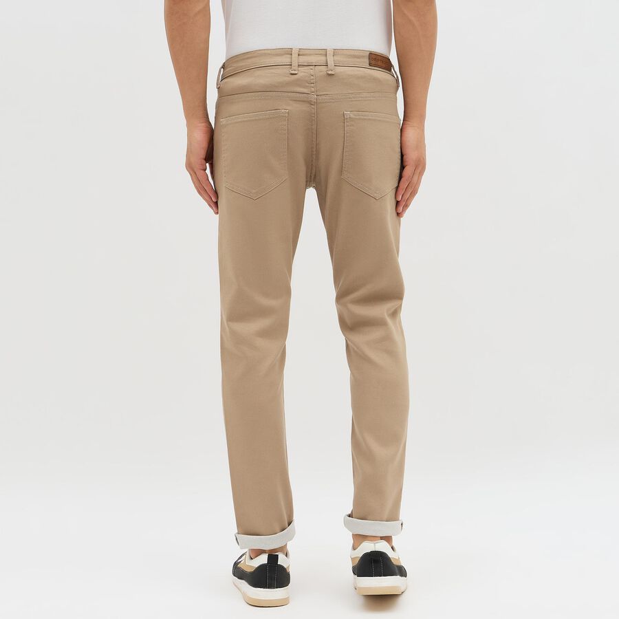 Men's Muted Beige Slim Fit Flat-Front Casual Trousers, खाकी, large image number null