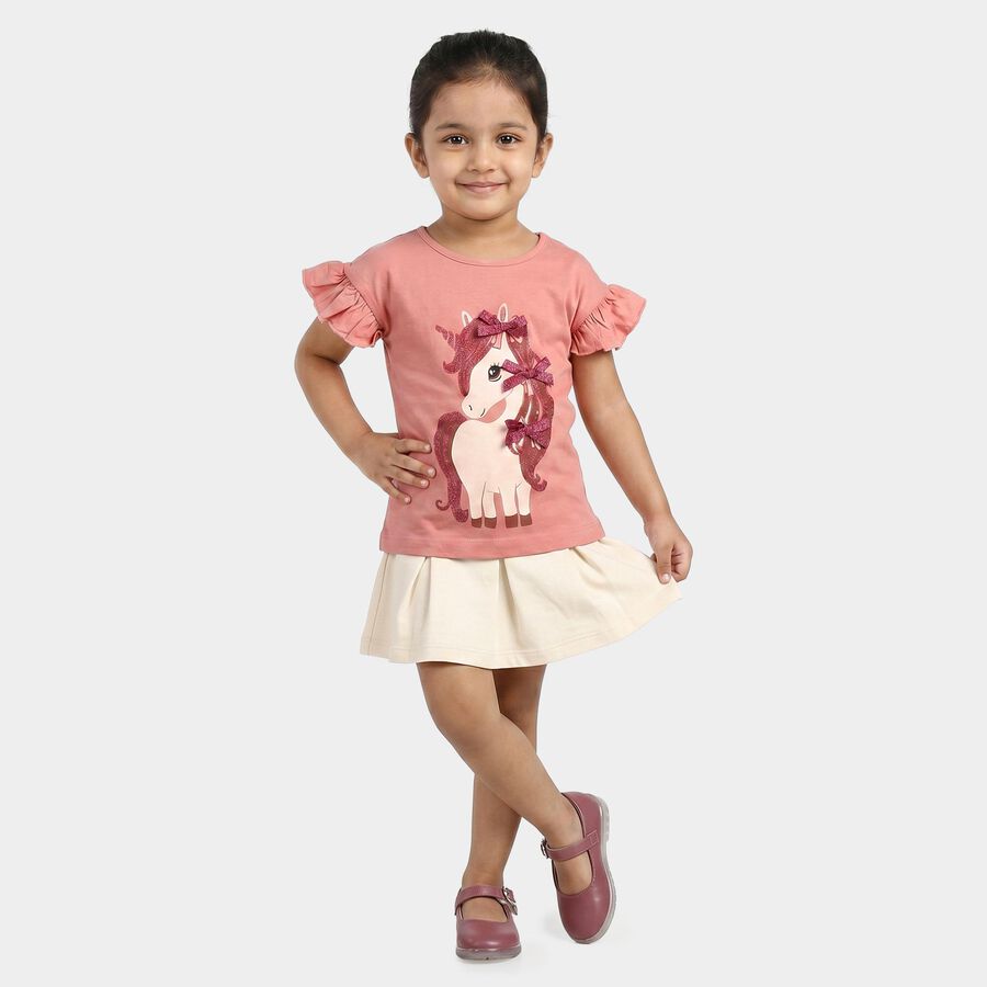 Girls Pink Cotton Round Neck Regular T-Shirt, हल्का गुलाबी, large