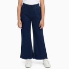 Girls' Dark Blue Wide-Leg Frayed Jeans, गहरा नीला, small image number null