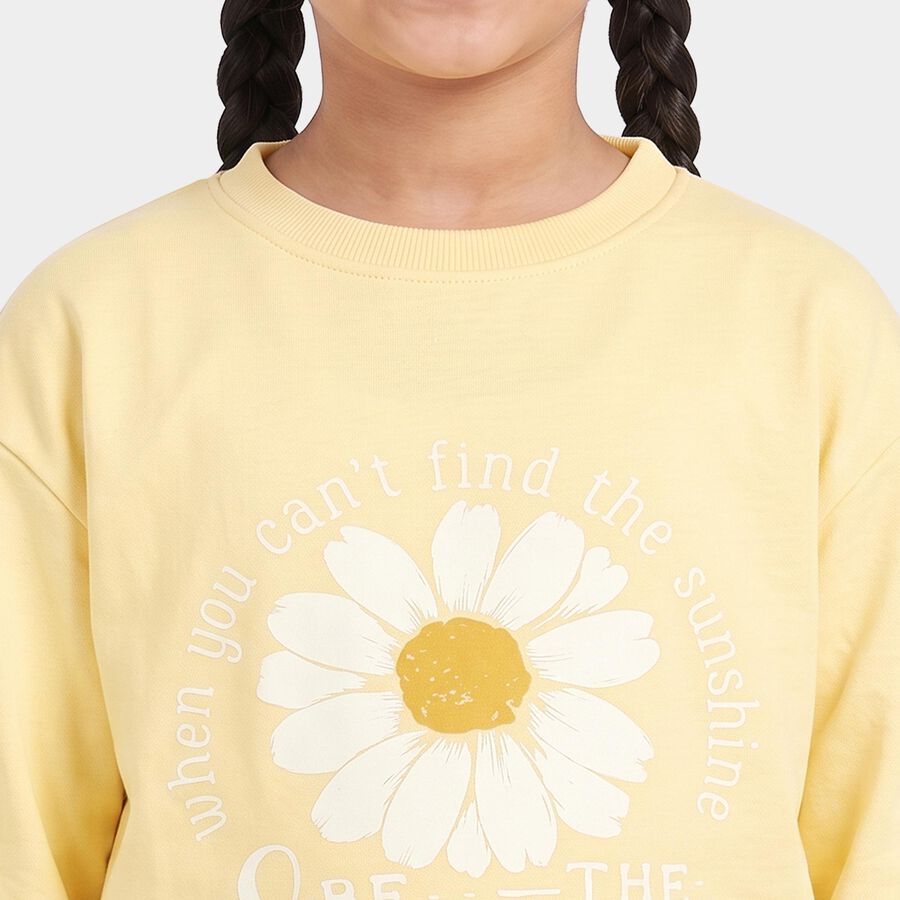 Girls Yellow Round Neck Pullover Sweatshirt, Yellow, large