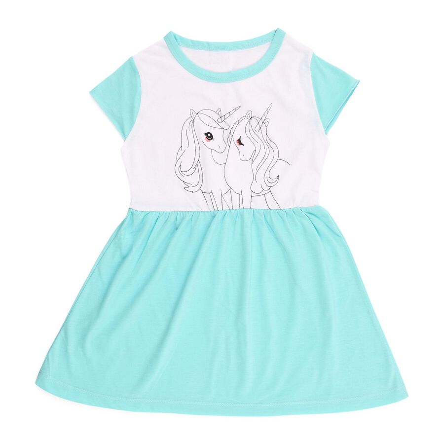 Girls' Aqua Blue and White Unicorn Printed Flared Frock, Aqua, large image number null