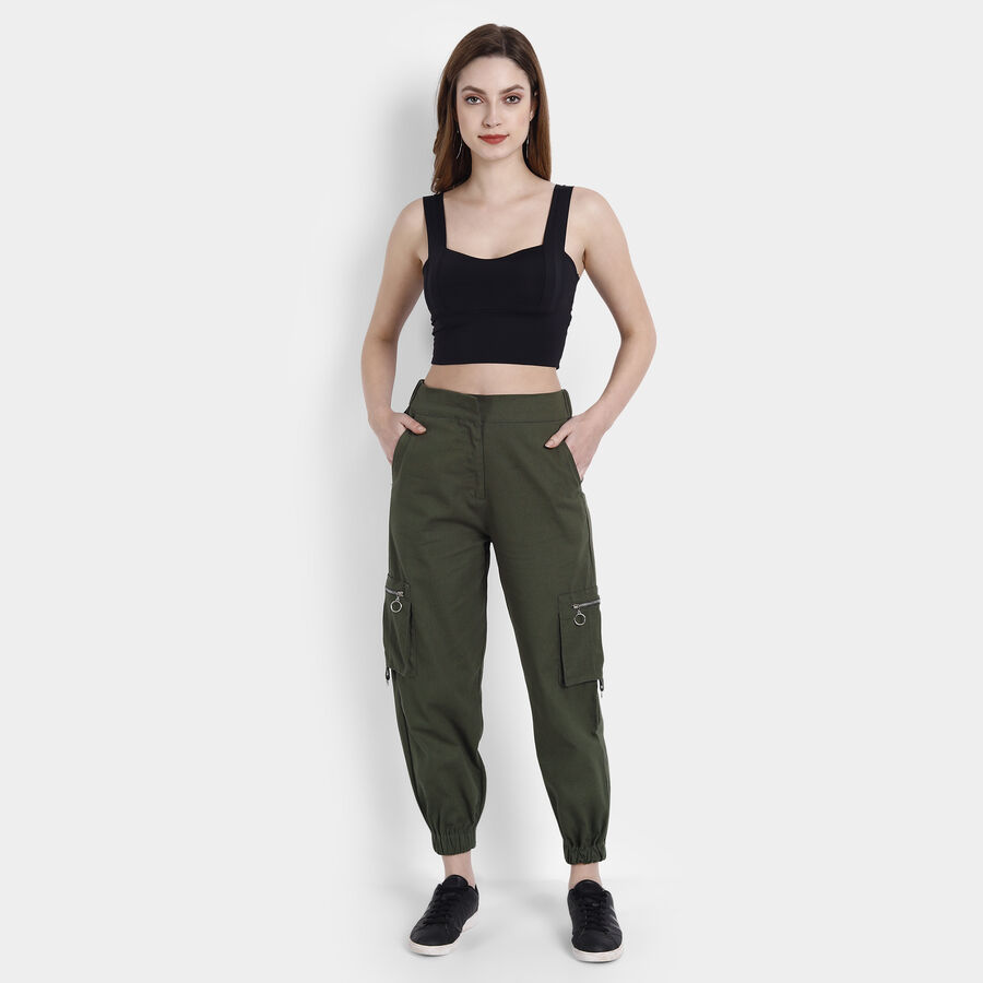 Solid Jogger High Rise Trousers, Olive, large image number null