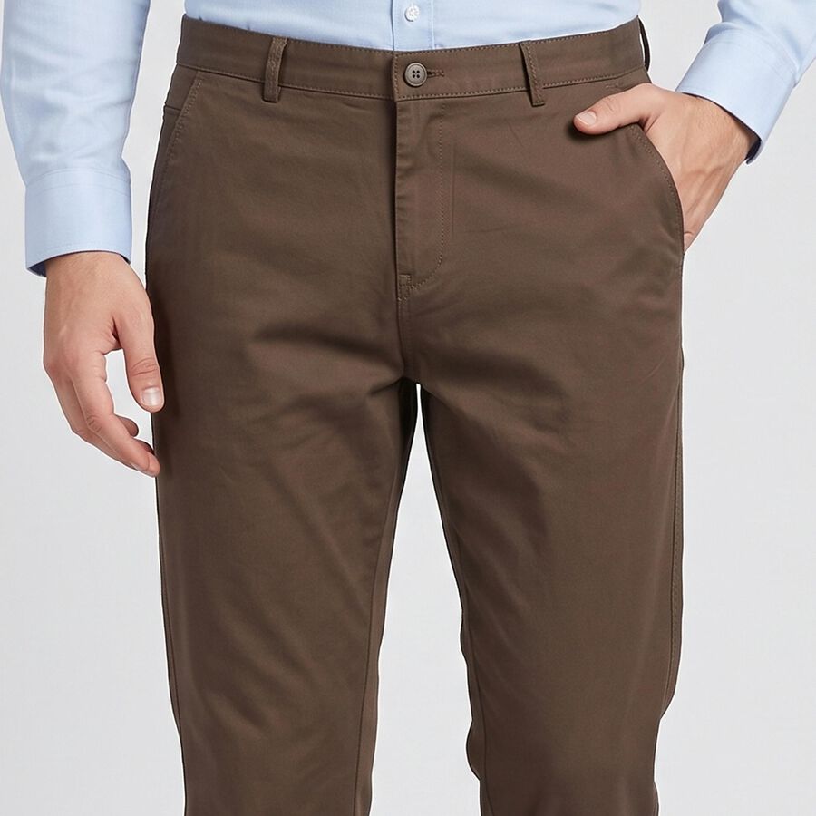 Men's Brown Slim Fit Flat-Front Trousers, Brown, large