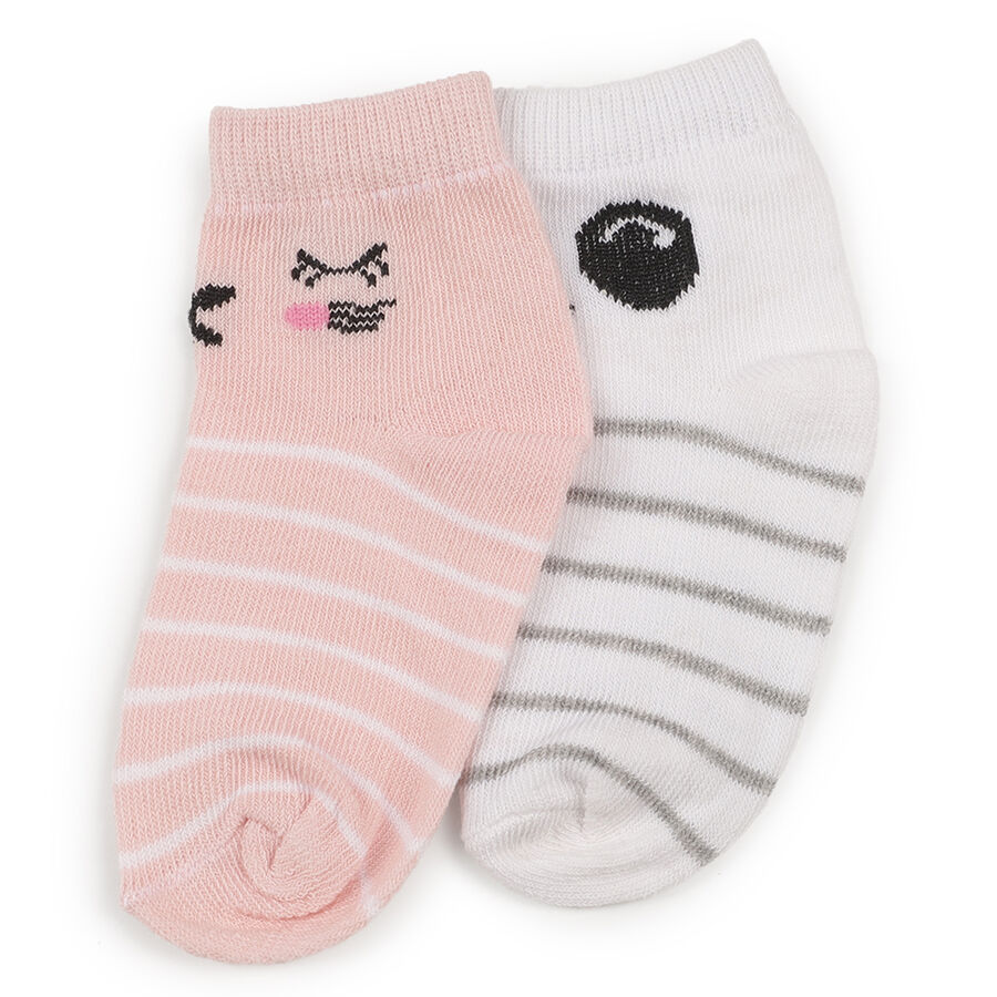 Girls' Soft Pink and White Regular Fit Cartoon Face Ankle Socks Pack of 2, हल्का गुलाबी, large