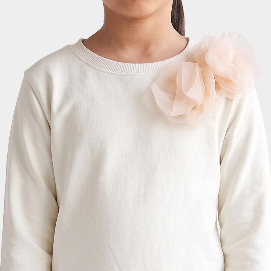Girls' Cream Crew Neck Pullover Sweatshirt, Off White, large