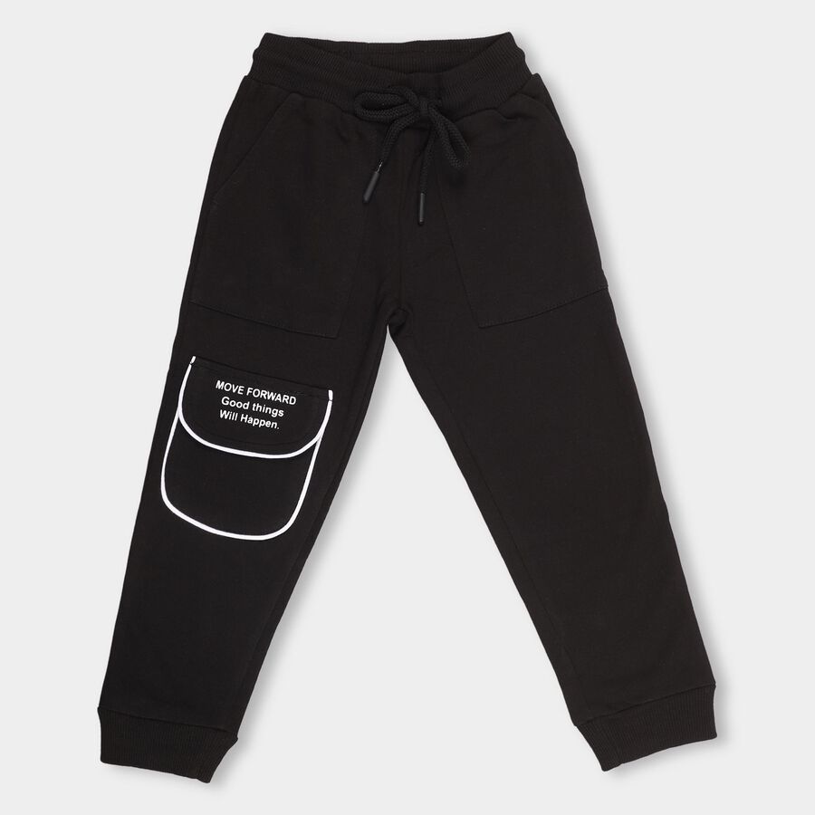 Boys' Jet Black Cotton Blend Motivational Text Pyjama, काला, large image number null