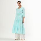 Women's Light Aqua Blue Cotton V-Neck Embroidered Kurta, Light Blue, small image number null