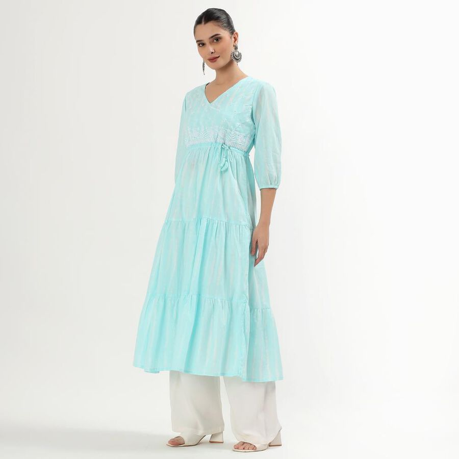 Women's Light Aqua Blue Cotton V-Neck Embroidered Kurta, Light Blue, large image number null